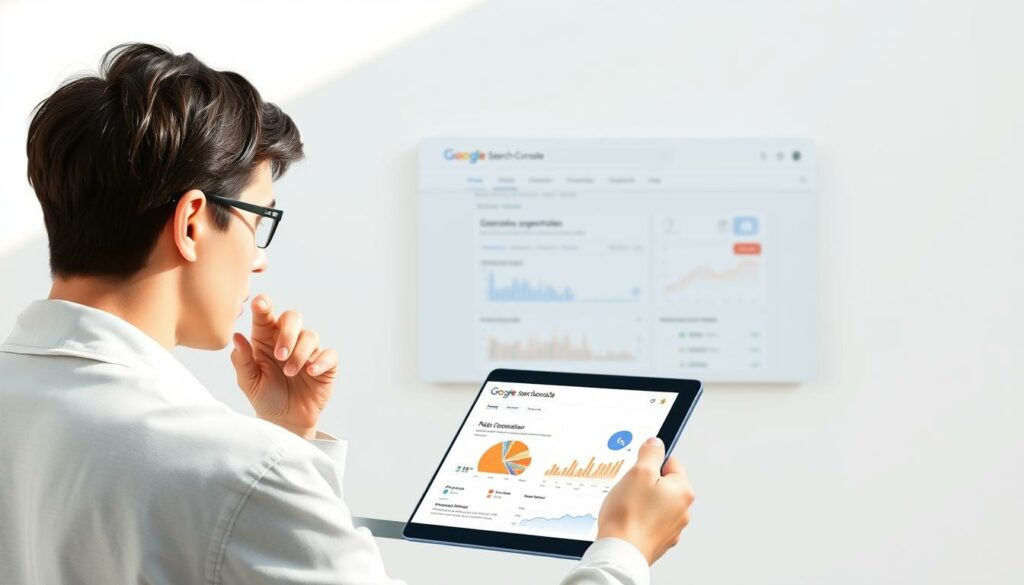 A crisp and modern illustration showcasing the concept of "Optimierungspotenziale erkennen". In the foreground, a thoughtful person examines a tablet displaying various data visualizations and analytics. The middle ground features a sleek, minimalist Google Search Console interface, conveying the idea of directly accessing data from Google. The background is a soft, neutral gradient, creating a sense of focus and clarity. The lighting is natural and diffused, casting gentle shadows that emphasize the subject's contemplative pose. The overall mood is one of discovery, optimization, and the empowerment that comes from understanding data-driven insights.