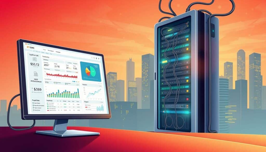 A detailed digital illustration of the CPC (Cost-Per-Click) Auktionssystem, a pay-per-click online advertising platform. In the foreground, a sleek web interface showcases a dashboard with real-time bidding data, ad performance metrics, and optimization tools. In the middle ground, a server rack symbolizes the robust infrastructure powering the CPC system, with intricate cables and blinking lights. The background features a cityscape with skyscrapers, suggesting the global scale and reach of the CPC platform. The overall scene conveys a sense of technological sophistication, efficiency, and the seamless integration of digital advertising into the modern business landscape.