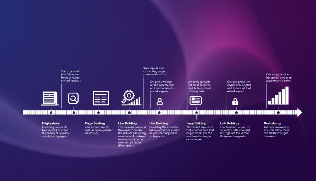 A detailed infographic depicting the SEO timeline, with a clean, minimalist aesthetic. In the foreground, a set of simple yet impactful icons and graphs illustrate the key stages of the SEO process, such as keyword research, on-page optimization, and link building. The middle ground features a stylized timeline, with distinct milestones and checkpoints that convey a sense of progress and momentum. In the background, a subtle gradient or abstract pattern provides a visually appealing, yet unobtrusive, backdrop that reinforces the informative and analytical nature of the image. The overall composition should strike a balance between informative clarity and aesthetic appeal, to effectively convey the realistic timeframes and expectations associated with successful SEO implementation.