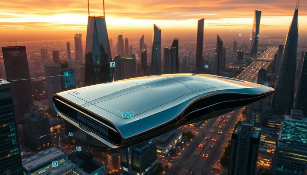A futuristic cityscape with towering skyscrapers and gleaming glass facades. In the foreground, a sleek, angular spacecraft hovers, its metallic shell reflecting the vibrant hues of the sunset sky. The craft's design is a seamless blend of organic curves and technological precision, evoking a sense of advanced, sustainable engineering. In the middle ground, holographic displays flicker and pulse, showcasing data visualizations and interconnected systems. The background is a panoramic vista of a bustling metropolis, its streets and buildings illuminated by a warm, diffused light that creates a dreamlike, almost ethereal atmosphere. The overall scene conveys a vision of a technologically advanced, interconnected future where innovation and progress are the driving forces.