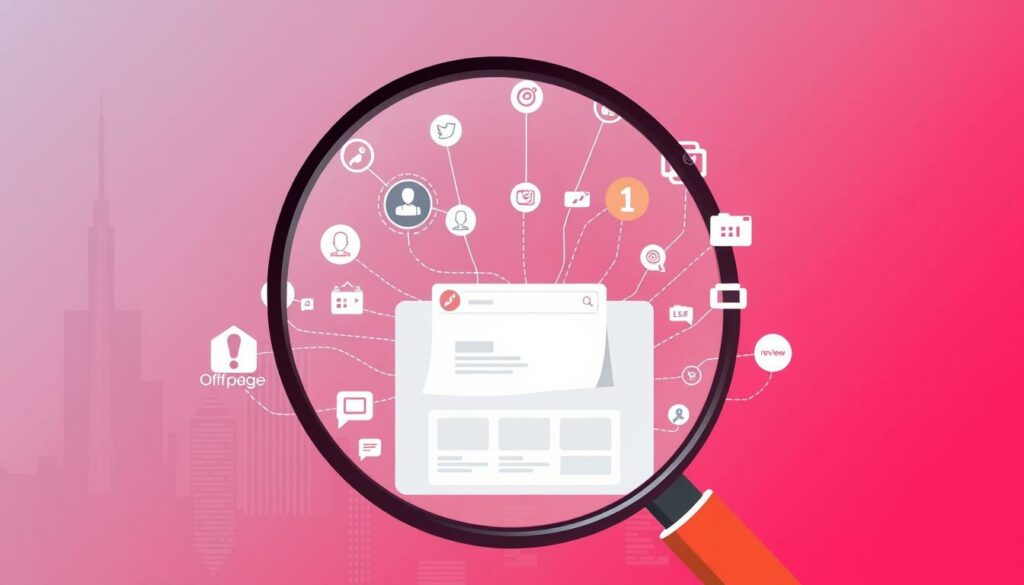 A high-contrast, digital illustration of the concept of "offpage SEO". In the foreground, a large search engine magnifying glass hovers over a simplified website interface, its digital pages fluttering. Surrounding the website are various digital elements representing offpage SEO factors: backlinks as interconnected nodes, social media icons, directories, and review sites. The background features a cityscape of skyscrapers and digital infrastructure, creating a sense of the expansive online landscape. The overall composition conveys the idea of expanding a website's digital authority and presence beyond its own pages through strategic offpage optimization.