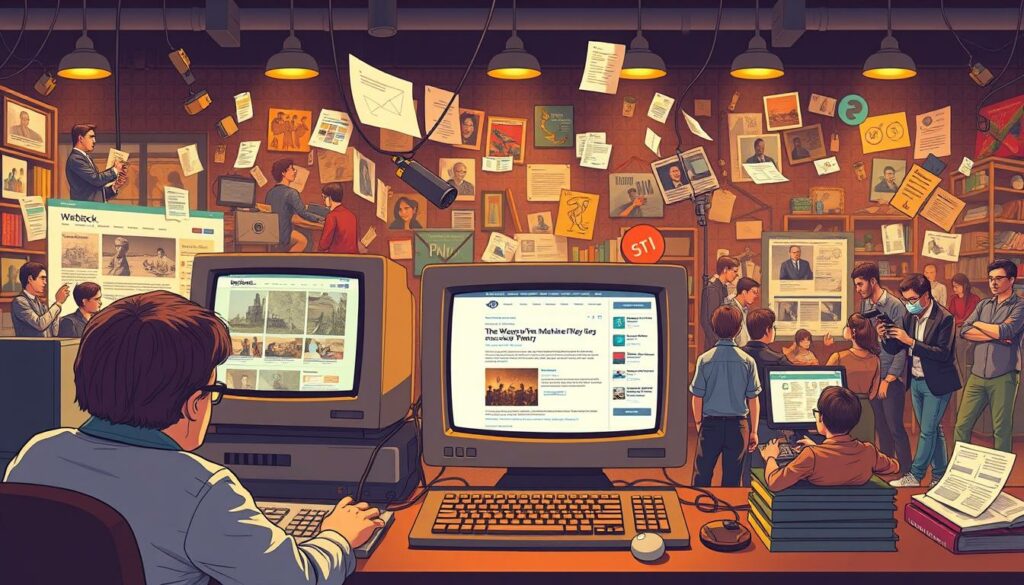 A large, comprehensive illustration showcasing multiple use cases for the Wayback Machine, the iconic internet archive. In the foreground, a person is using the archive to research historical events, with a vintage computer monitor displaying archived web pages. In the middle ground, business professionals are utilizing the Wayback Machine to track changes to their company's website over time. In the background, a diverse array of users, from students to journalists, are accessing the archive to explore the evolution of the internet and digital history. The scene is illuminated by a warm, nostalgic lighting, evoking a sense of timelessness and the preservation of digital heritage. The composition is balanced and cohesive, guiding the viewer's eye through the various applications of the Wayback Machine.