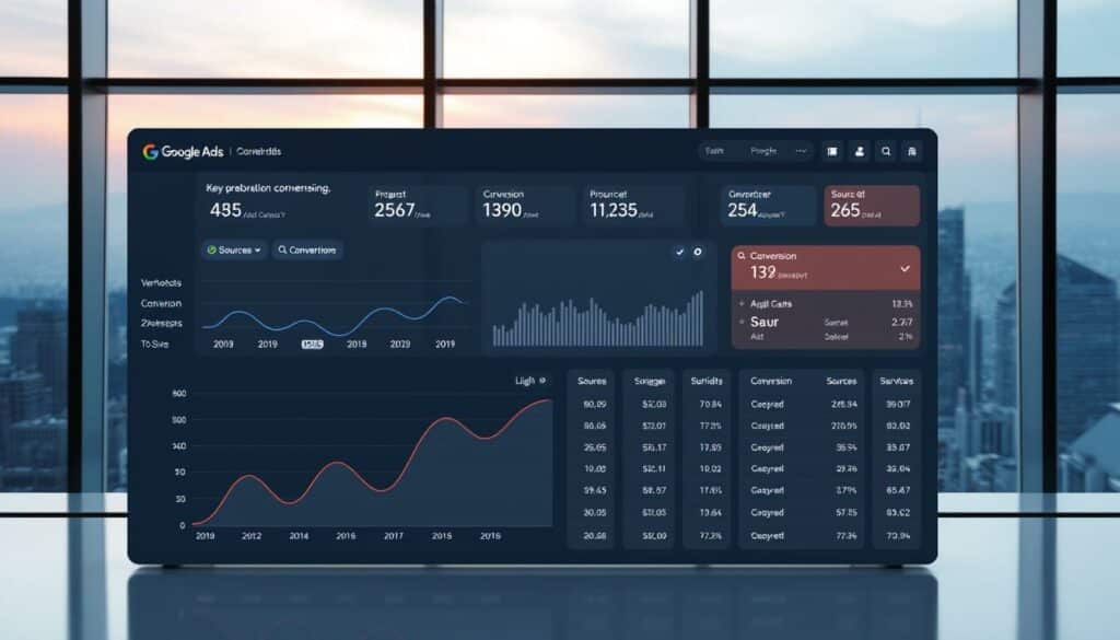 A modern, digital marketing dashboard featuring a Google Ads conversion tracking interface. The dashboard displays key performance metrics, conversion data, and visual analytics in a clean, minimalist layout. The foreground shows a sleek, minimalist graph charting conversion rates over time, with smooth line animations. The middle ground features a detailed table listing individual conversions, their sources, and values. The background depicts a serene, futuristic cityscape through large, panoramic windows, casting a soft, ambient glow. The overall atmosphere is professional, data-driven, and forward-looking, reflecting the efficiency and precision of modern advertising technology.