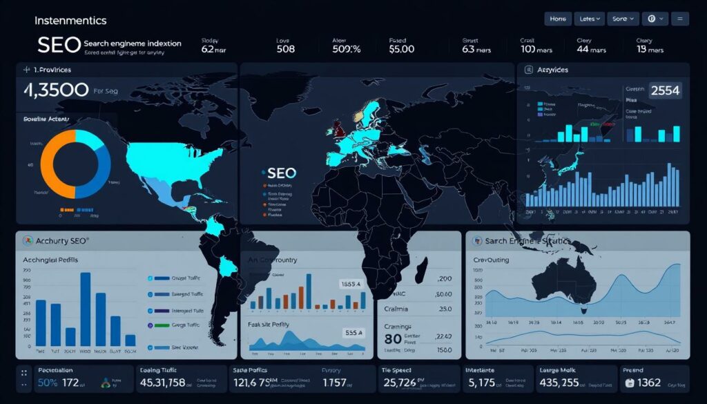 A modern, sleek data visualization dashboard showcasing international SEO performance metrics and crawling statistics. In the foreground, a world map with highlighted regions and countries, color-coded by key SEO indicators like organic traffic, backlink profiles, and crawler activity. Surrounding the map, a series of charts, graphs, and infographics presenting detailed analytics on search engine indexing, site speed, and international audience engagement. The layout has a minimalist, high-contrast aesthetic with clean typography and strategic use of negative space. Subtle lighting and camera angles emphasize the precision and clarity of the data presented, conveying a sense of authoritative insights for digital marketers and SEO professionals.