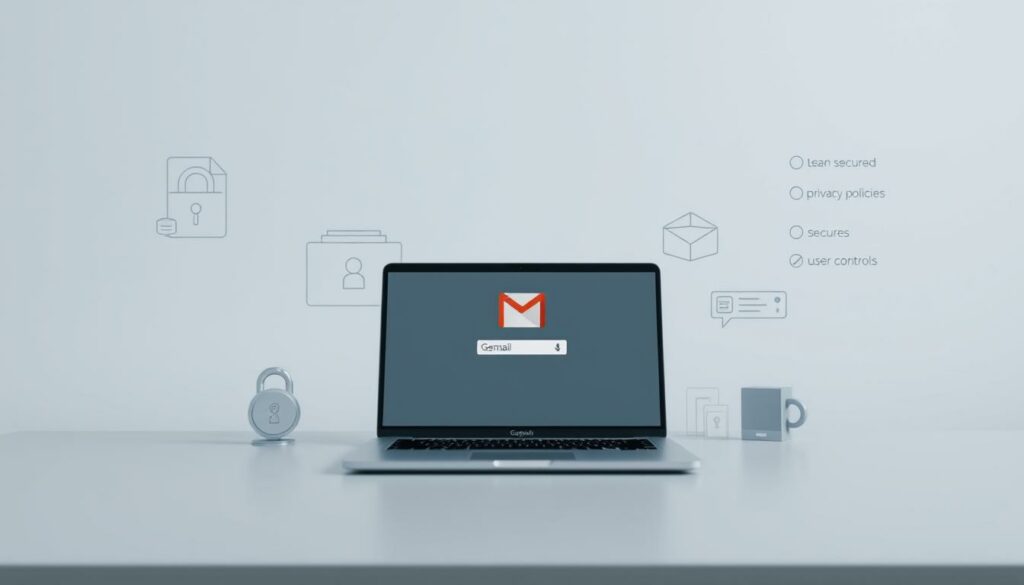 A serene, minimalist office scene depicting privacy and security features of Gmail. In the foreground, a laptop screen displays the Gmail login interface, the design crisp and clean. Surrounding the screen, a muted color palette of grays and blues conveys a sense of professionalism and trust. In the middle ground, simple geometric shapes representing secure data encryption protocols flank the laptop. The background features abstract representations of privacy policies and user controls, conveying the idea of comprehensive data protection. Soft, diffused lighting creates a calming, trustworthy atmosphere. The composition is balanced and symmetrical, emphasizing the reliable and secure nature of Gmail's privacy features.