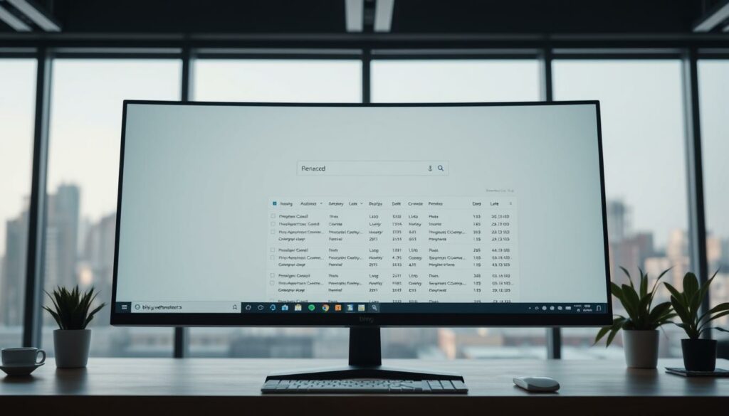 A sleek, minimalist desktop interface displaying search engine results on a high-resolution widescreen monitor. The foreground features a clean, modern search bar and navigational elements, with subtle branding cues hinting at the Bing webmaster tool. The middle ground showcases a grid of organized, data-rich search result cards, conveying the depth of insights available. The background depicts a soft, blurred cityscape through the window, suggesting a professional work environment. The lighting is balanced, with a cool, natural tone complementing the digital aesthetic. The overall mood is one of efficiency, clarity, and data-driven decision making.