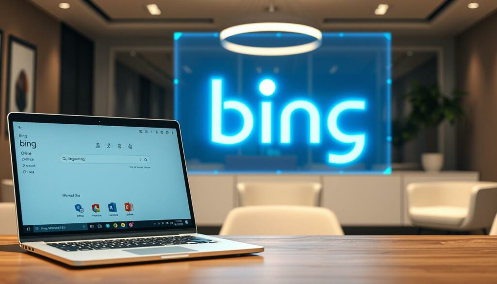 A well-lit, high-resolution scene depicting the seamless integration between Microsoft Bing and other Microsoft services. In the foreground, a sleek, modern laptop displaying the Bing search engine interface, its clean design and intuitive layout. Behind it, a range of Microsoft product icons - Office, Azure, and Microsoft 365 - illustrating the interconnectivity between these platforms. The middle ground showcases a holographic Bing logo, its vibrant colors and dynamic animation reflecting the cutting-edge technology powering the search engine. In the background, a minimalist office setting with tasteful decor, emphasizing the professional, enterprise-level nature of the Bing Webmaster integration. The overall composition conveys a sense of efficiency, productivity, and the synergistic power of Microsoft's suite of tools.