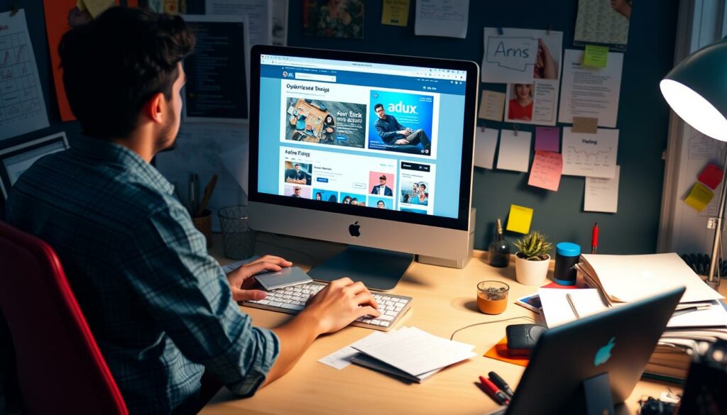 Ein Bild, das eine Person zeigt, die vor einem Computer sitzt und Anzeigen auf einem Bildschirm optimiert.