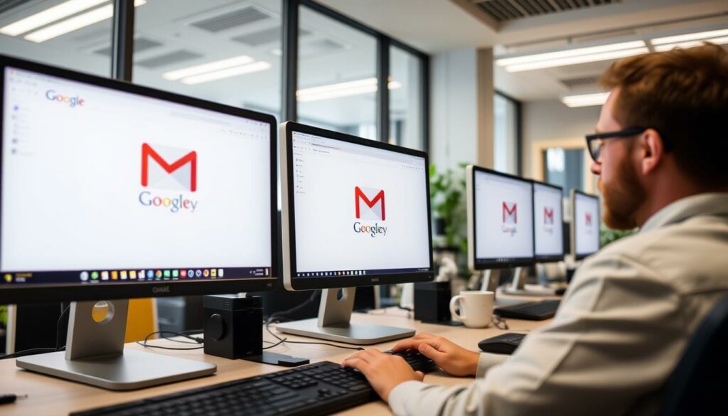 Ein Bild von einem Schweizer Büro mit Computern, auf denen Gmail geöffnet ist