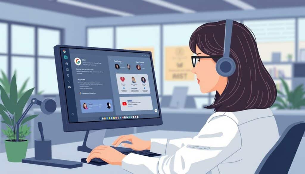 Eine Illustration, die einen Benutzer zeigt, der auf einem Computer Google AI Pro nutzt.