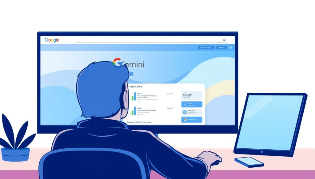 Eine Illustration, die einen Benutzer zeigt, der auf einem Computer die Google Gemini-Website besucht.