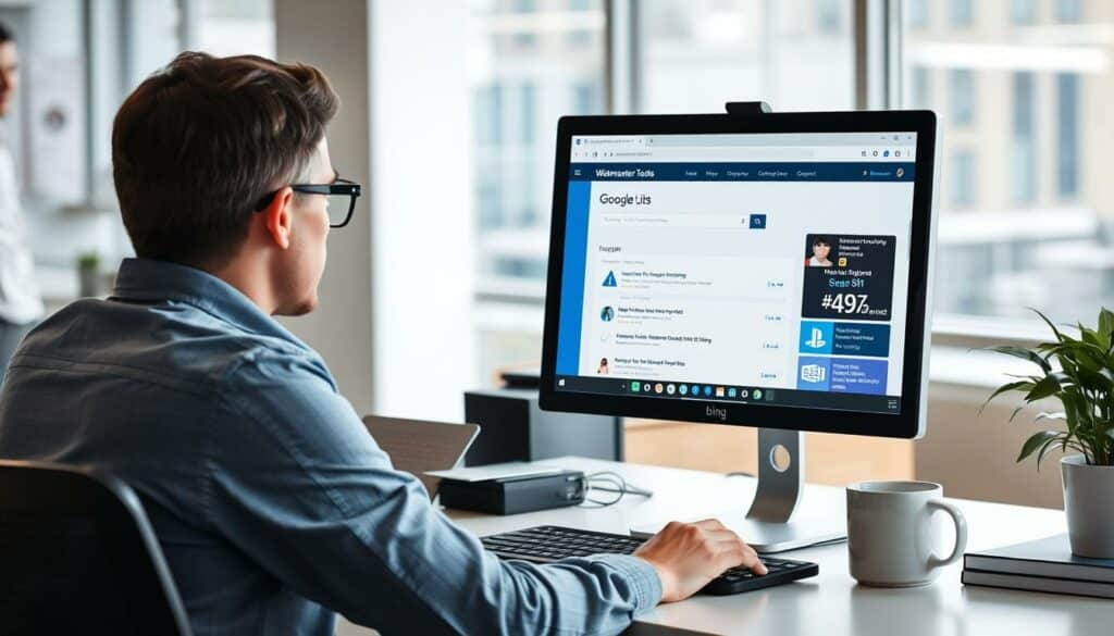 Erstelle ein Bild, das eine Person zeigt, die vor einem Computer sitzt und auf einem Bildschirm die Bing Webmaster-Tools sieht.