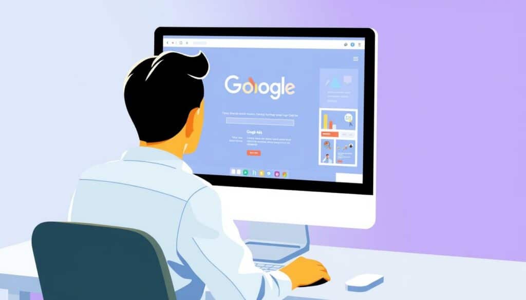 Generiere ein Bild, das eine Person zeigt, die vor einem Computer sitzt und Google Ads auf dem Bildschirm geöffnet hat.