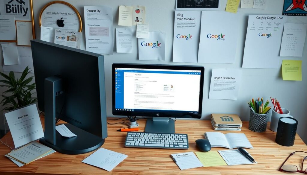 Generiere ein Bild, das einen Webmaster-Arbeitsplatz mit einem Computer und Notizen zu Bing Webmaster-Tools zeigt.