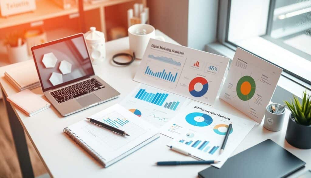 Generiere ein Bild von verschiedenen SEO-Tools auf einem Schreibtisch